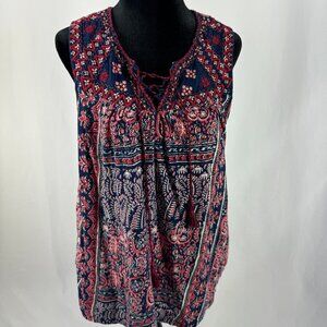 Lucky Brand Floral Tie Tassel Americana Print Top XL